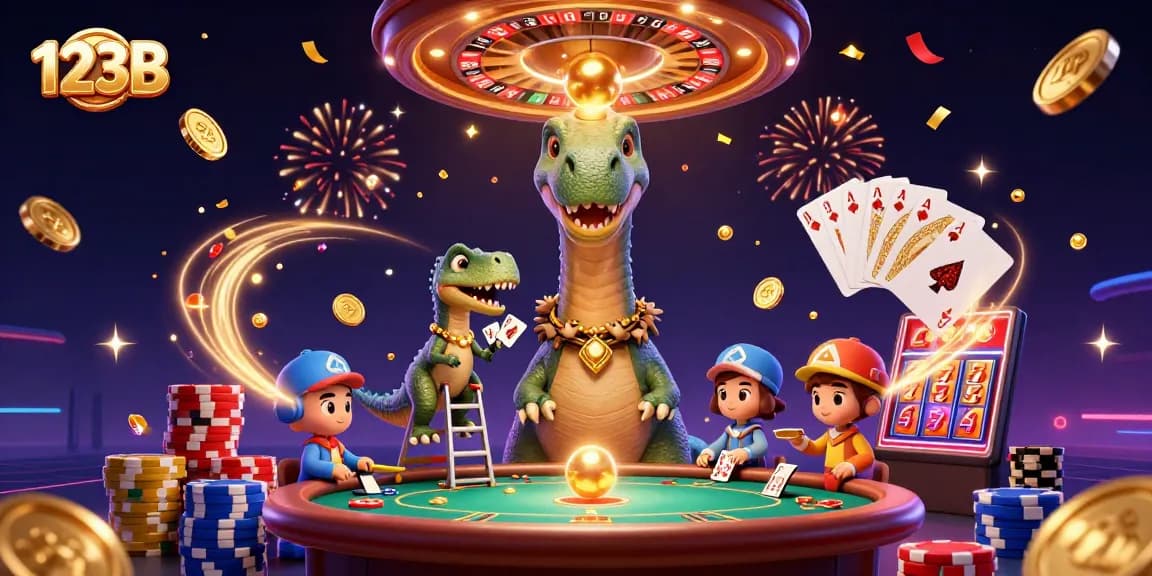 Engage in thrilling gaming at 123B's vibrant casino scene with dynamic characters and exciting game elements.
