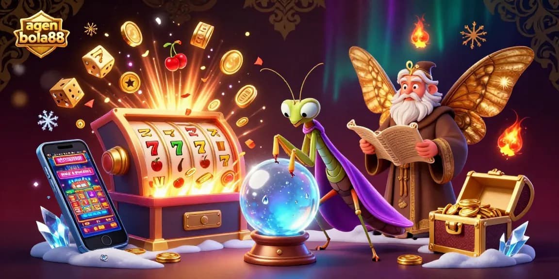 Experience thrilling betting at agen bola88 with a cartoon mantis and moth amid a jackpot explosion.