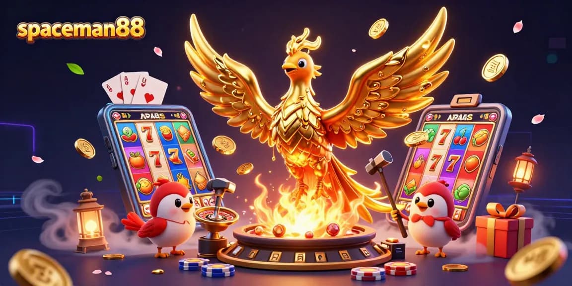 spaceman88 spins colorful slot reels while molten phoenix and sparkly coins fill the scene.