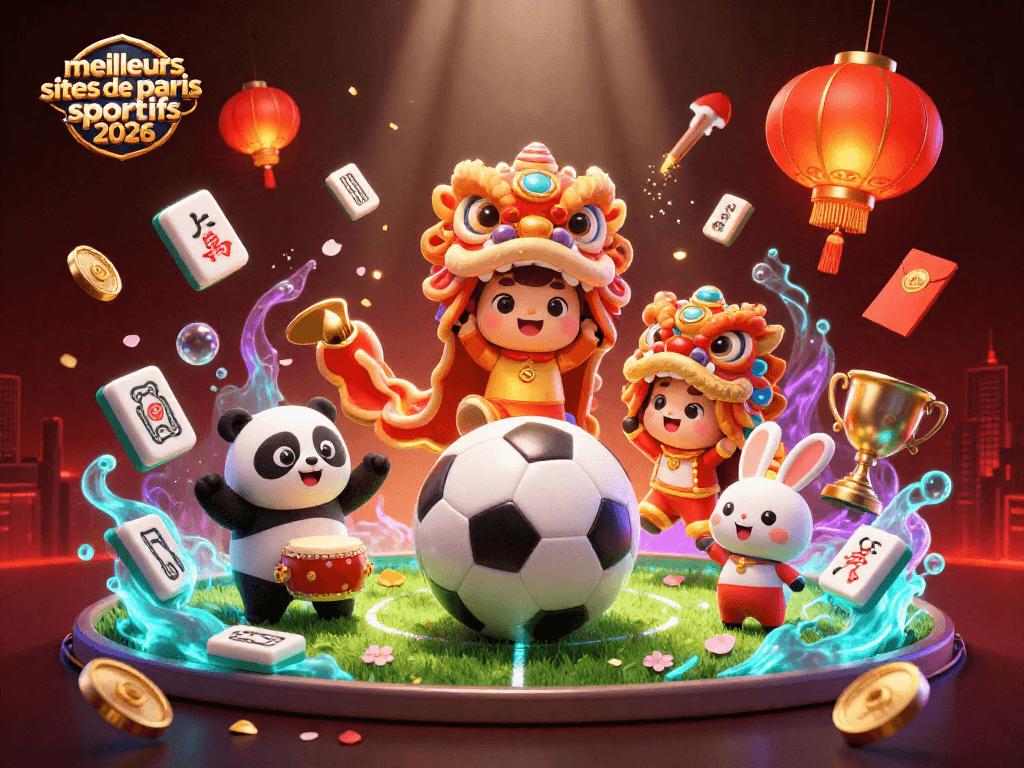 Découvrez les meilleurs sites de paris sportifs 2026 avec une illustration vibrante et festive comprenant un lion dansant, des éléments de paris et une ambiance de stade.