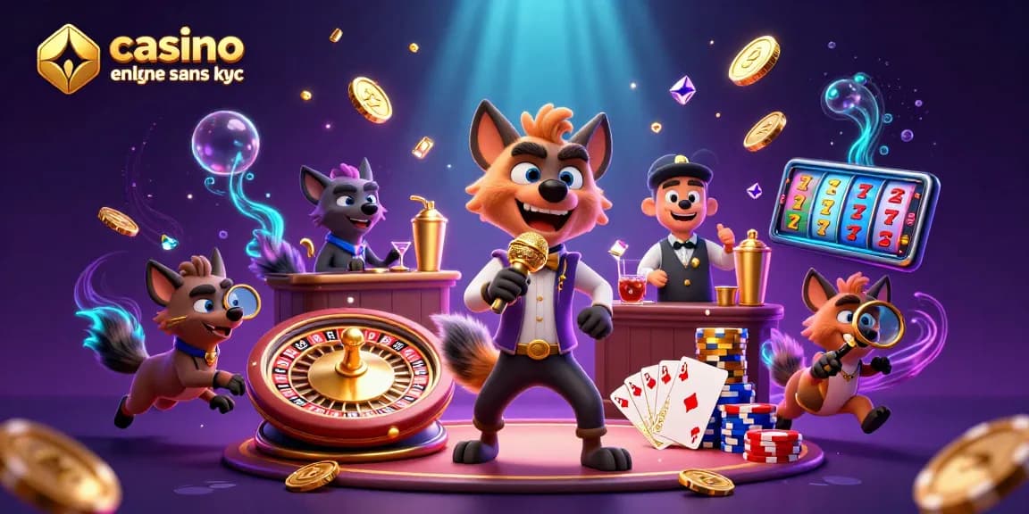 Vivez l'expérience unique d'un casino en ligne sans KYC avec des hyènes comiques, des jetons, et des lumières scintillantes.