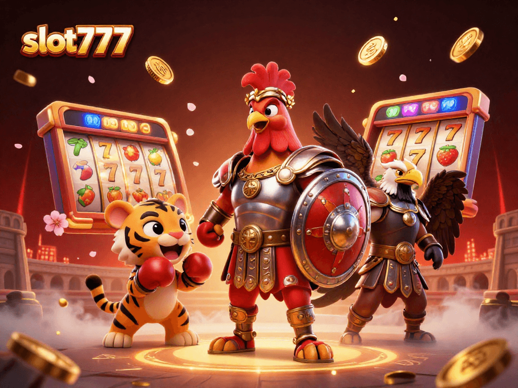 Experience thrilling slot777 gaming with a gladiator rooster surrounded by vibrant casino elements.
