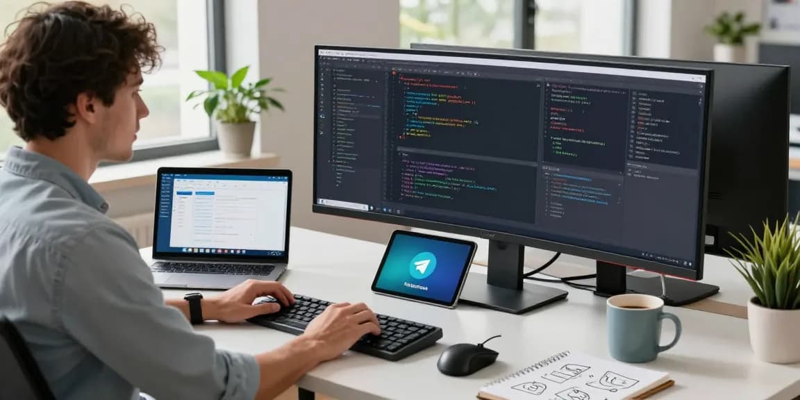Developer at standing desk debugging code and using telegramin-cn.com with innovative tech workspace design.
