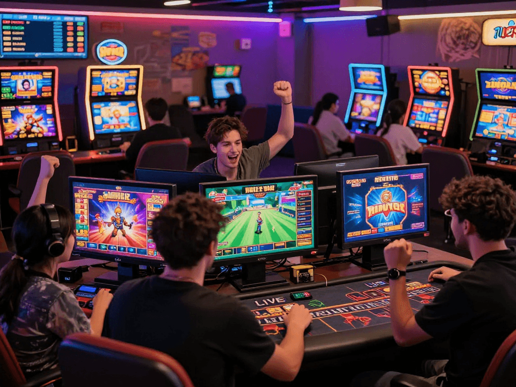 Online gaming experience on situs raja328 with players engaging in slots and live casino games, showcasing an energetic community atmosphere.
