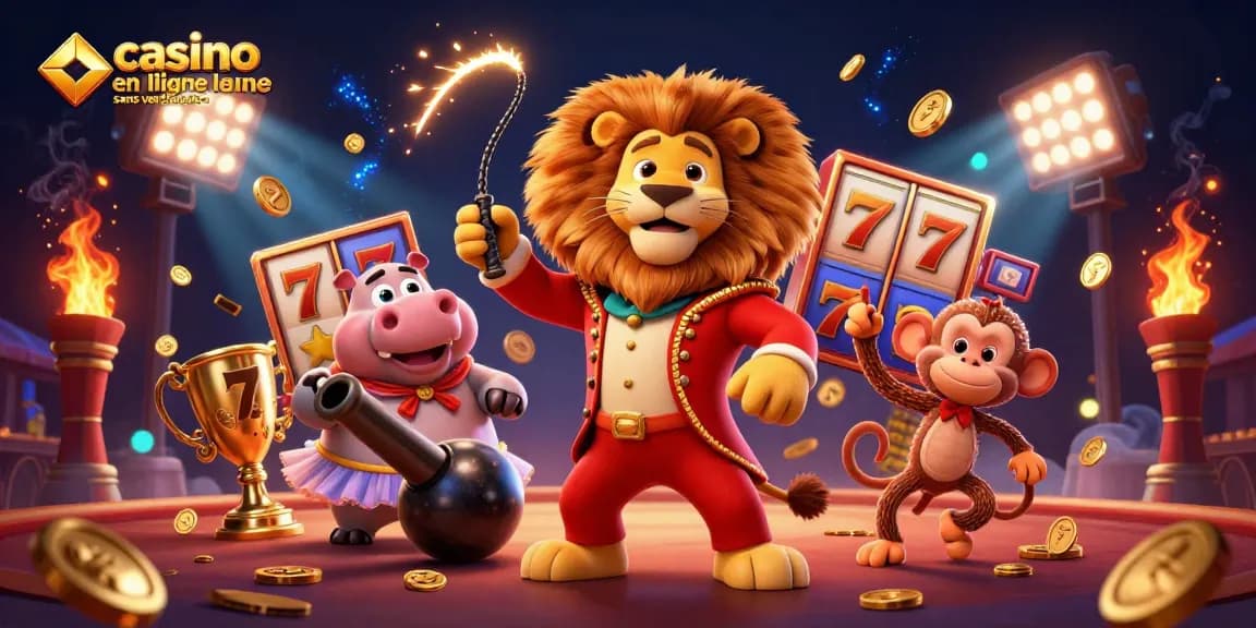 Jouez au casino en ligne sans vérification avec un lion maître de cérémonie et des éléments de jeu spectaculaires.