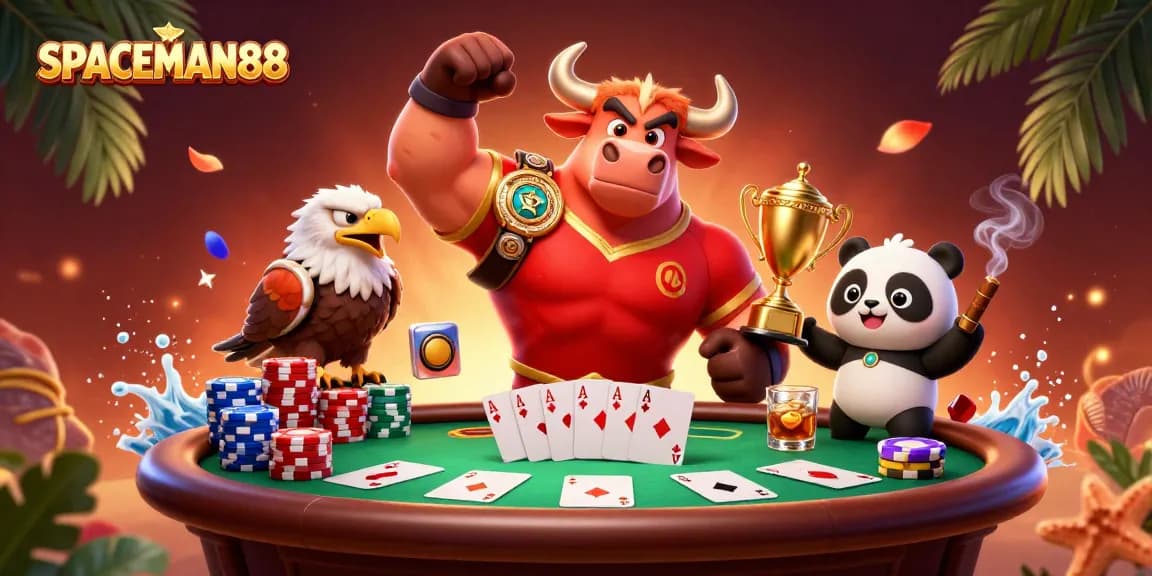 Engage in thrilling action at SPACEMAN88 casino featuring a bull mascot, poker chips, and trophies.