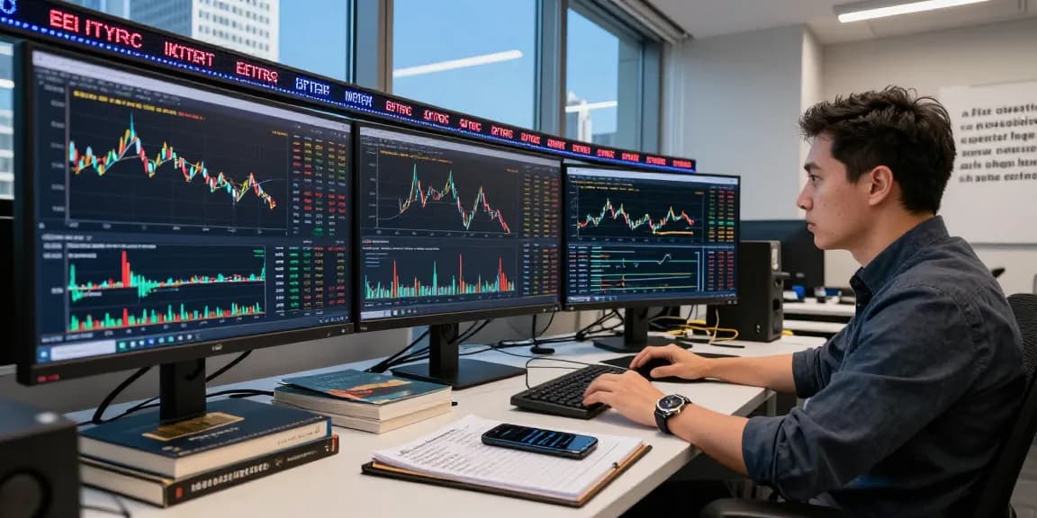 Trader analyzing cryptocurrency trends in a modern financial office space featuring multiple screens and market data relevant to https://crypto-reviews.ru/okx-v-kazahstane/.