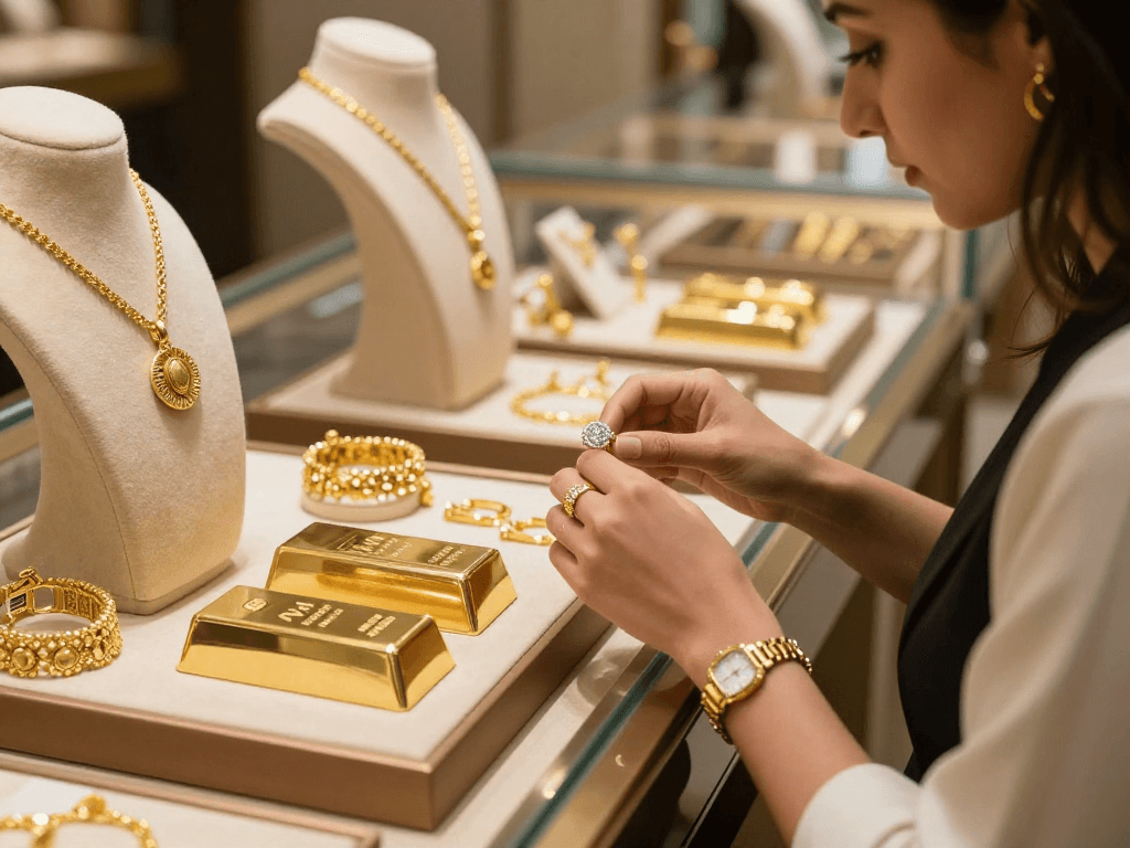 Exquisite gold jewelry and 24K gold bars displayed in a luxurious showroom inviting customers to explore https://bahraingoldprices.com/.