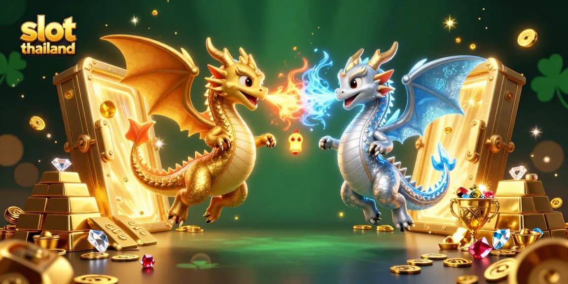 Experience the thrill of slot thailand with dynamic dragons and treasure in this illustrated scene.