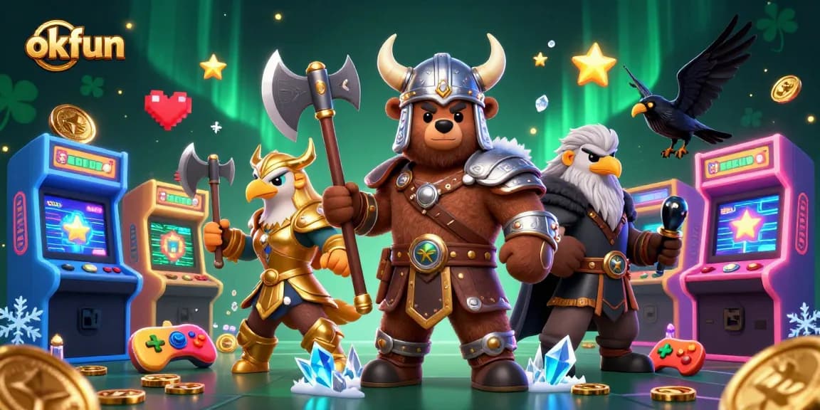 Play exciting games at okfun, featuring a 3D Viking berserker and a Valkyrie eagle in a vibrant casino scene.
