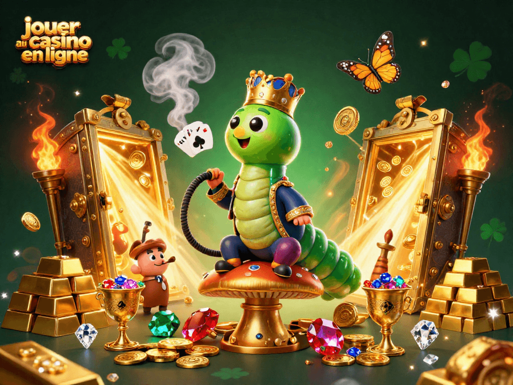 Venez jouer au casino en ligne avec une illustration captivante de personnages de casino animés et des trésors scintillants.