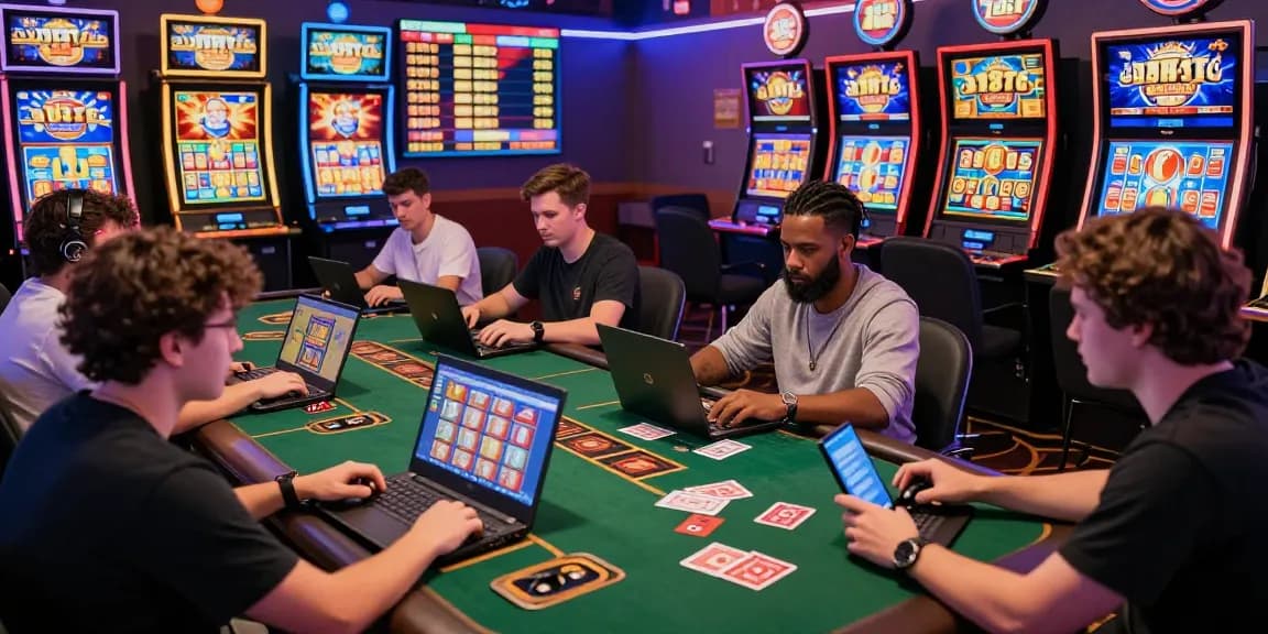 Exciting gaming atmosphere showcasing situs888 login with players on slot machines and live betting activities in a colorful online casino.