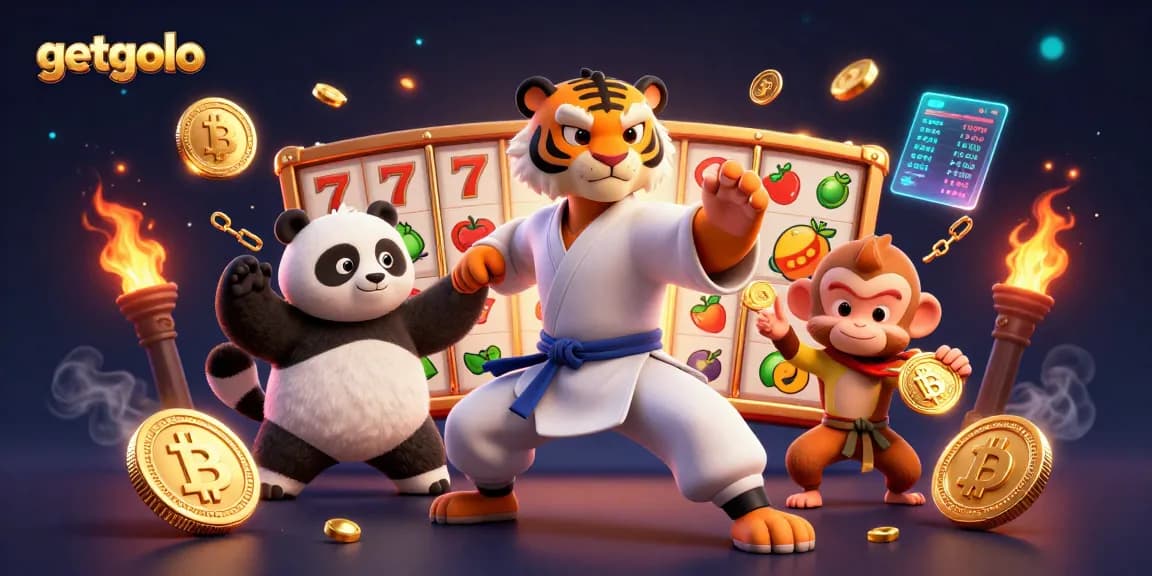 Engage in thrilling casino action with getgolo's vibrant illustration, featuring kung fu characters amidst slots and crypto coins.