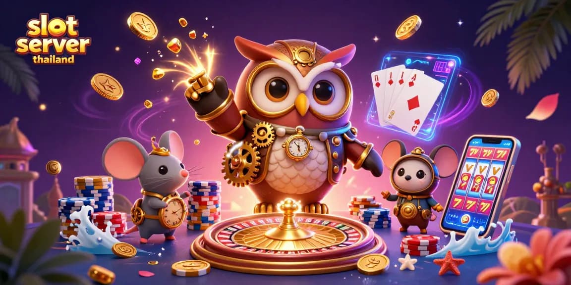 Experience thrill with slot server thailand, showcasing vibrant 3D characters, casino elements, and golden rewards.