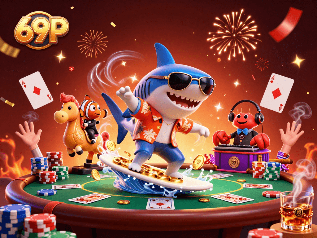 Gire os rolos com 69P na cena vibrante de cassino com tubarão surfista e atrações de poker.