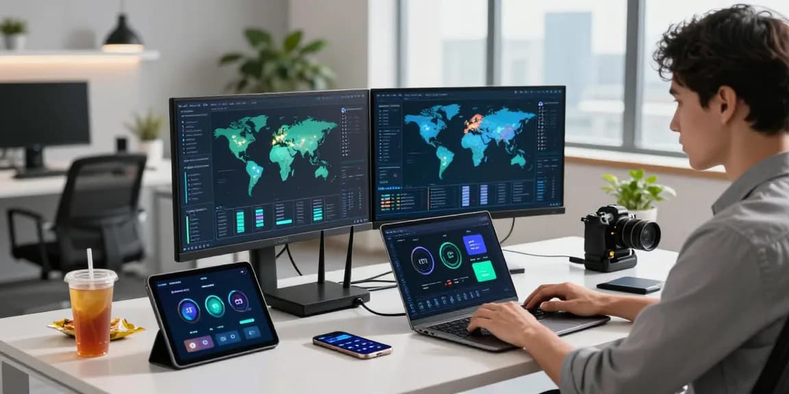 快连 VPN enhances productivity in a modern office workspace with high-speed internet and tech devices.