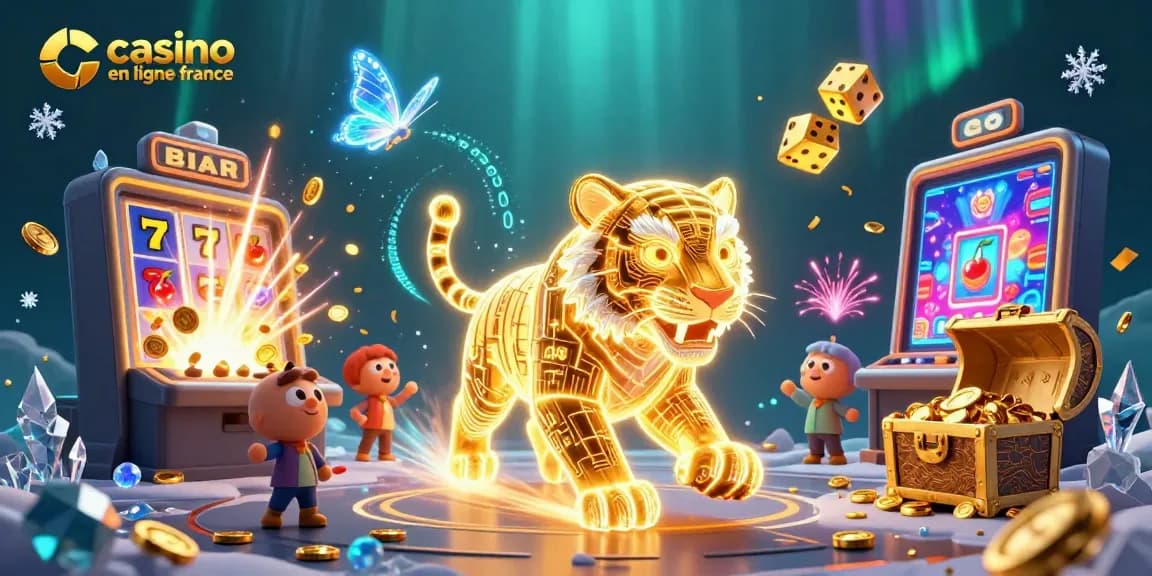 Profitez des jeux de casino en ligne en France avec une scène vivante de tigre doré et de machines à sous.