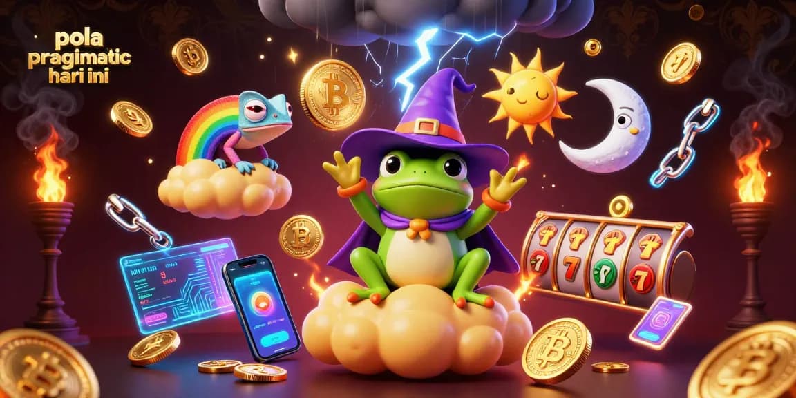 Pola pragmatic hari ini showcases a magical scene with a weather wizard frog, golden coins, and crypto elements amidst vibrant gambling-themed visuals.