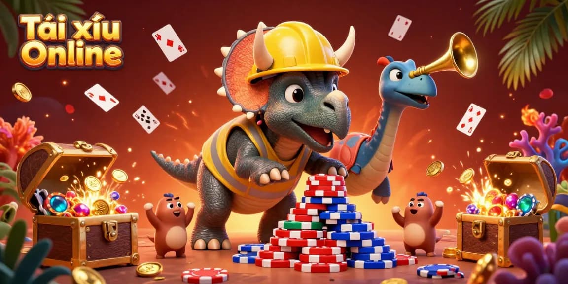 Tài xỉu Online scene with animated dinosaurs celebrating around poker chips and casino elements, creating casino excitement.