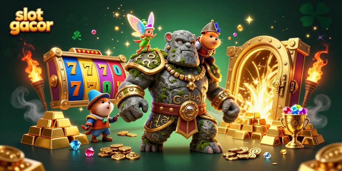 Experience the thrill of slot gacor with a magical scene of a stone golem, fairy, and hamster knight.