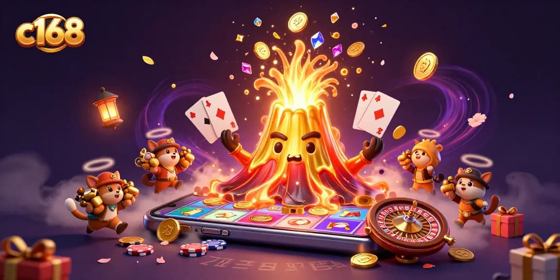 Experience winning moments with c168 featuring a joyful golden volcano showering treasure.