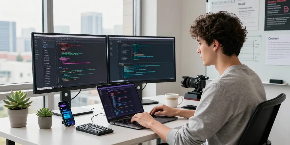 Dynamic coding scene featuring a developer with dual monitors coding in 纸飞机中文版 app setup.