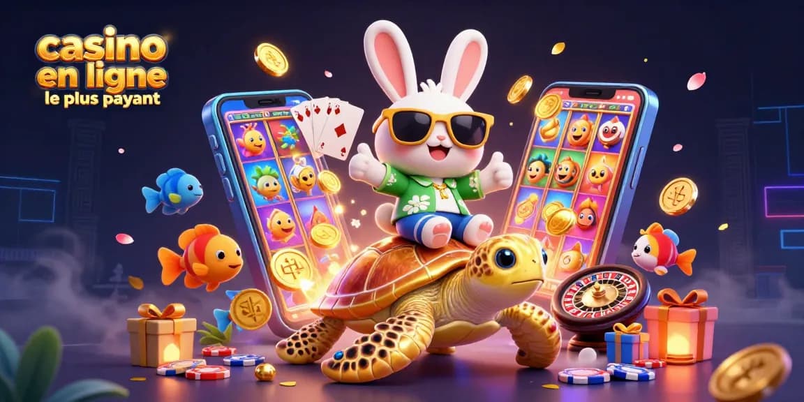 Jouez au casino en ligne le plus payant avec un adorable lapin chanceux sur une tortue dorée.