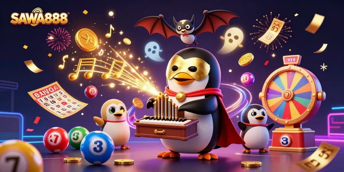 Experience the excitement of SAWA888 as a charming penguin plays a coin-shooting organ surrounded by vibrant lottery elements.