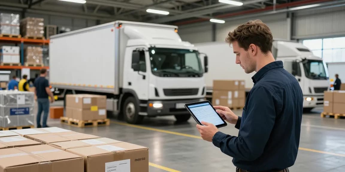 LTL Transport Dortmund: Logistikmanager überprüft Sendungen in einem geschäftigen Lager.