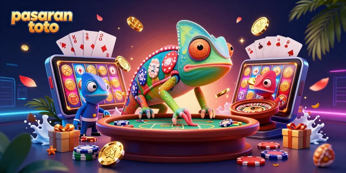 Win big with pasaran toto in a vibrant 3D casino scene featuring colorful games and golden coins.