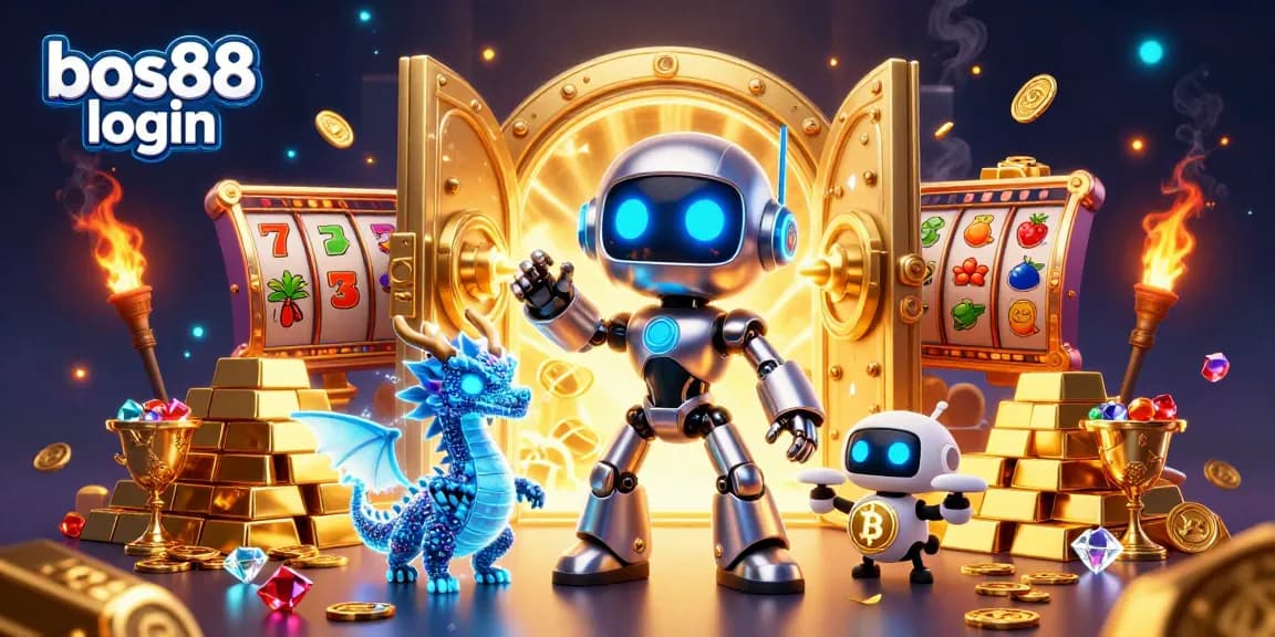 Experience the thrill of bos88 login with vibrant casino gameplay, showcasing a 3D cyberpunk robot and dynamic game elements.