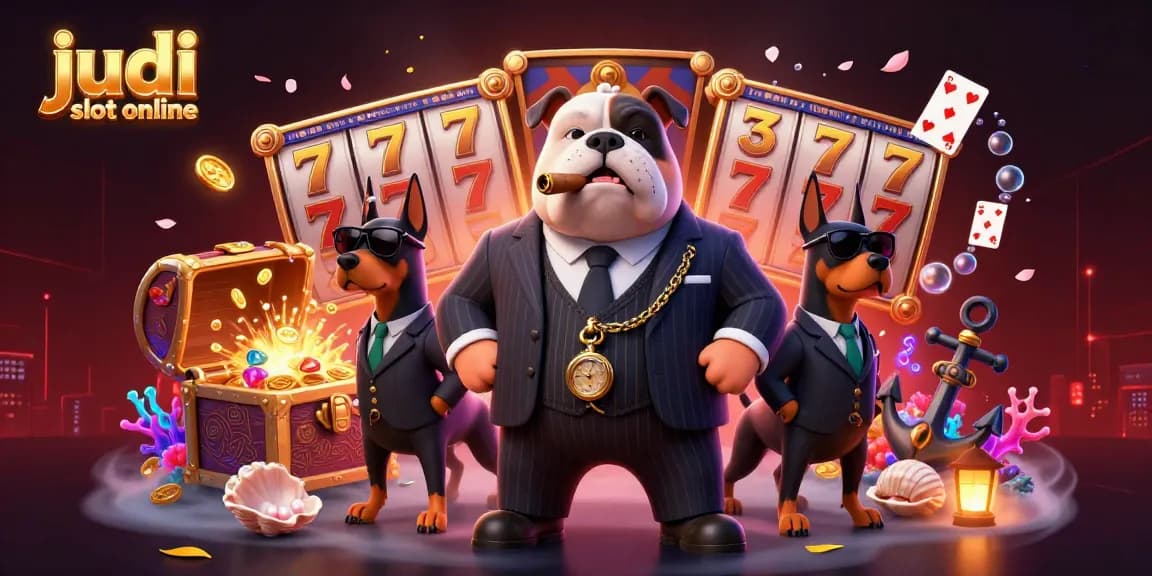Menggoda permainan judi slot online dengan karakter bulldog mafia dan dua Doberman sebagai penjaga, dikelilingi simbol slot dan harta karun.
