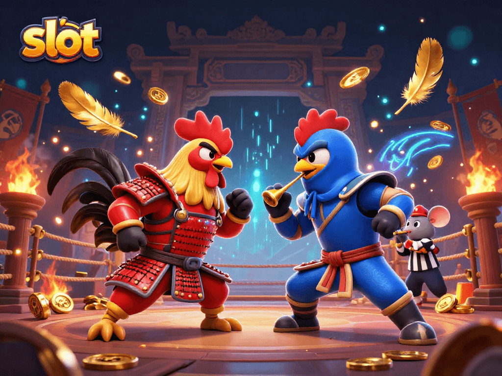 Engage in thrilling slot action with dynamic fighting roosters in an exciting casino arena.