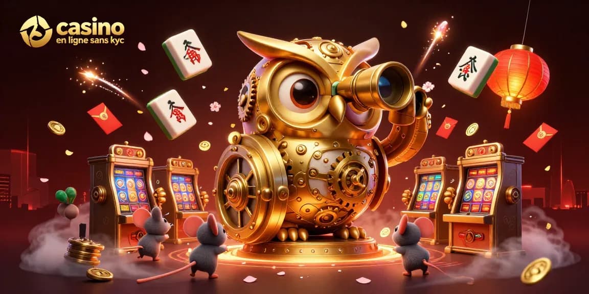 Une illustration dynamique de casino en ligne sans KYC avec une chouette dorée et des éléments de jeu captivants.
