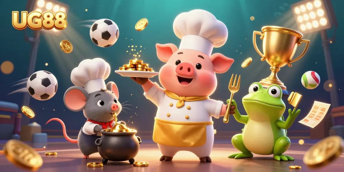 Engage with UG88's exciting casino world with a vibrant 3D scene of characters enjoying riches.