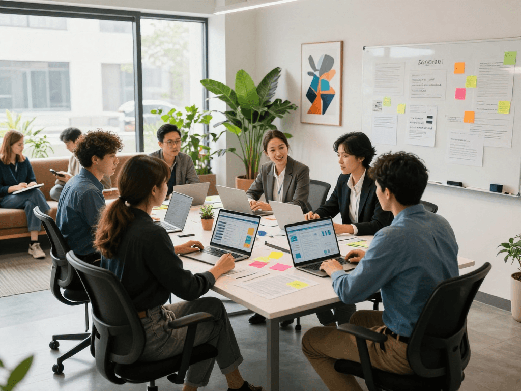 Team collaborating at https://koperasisantun.com/ in a modern co-working space, discussing strategies with laptops.