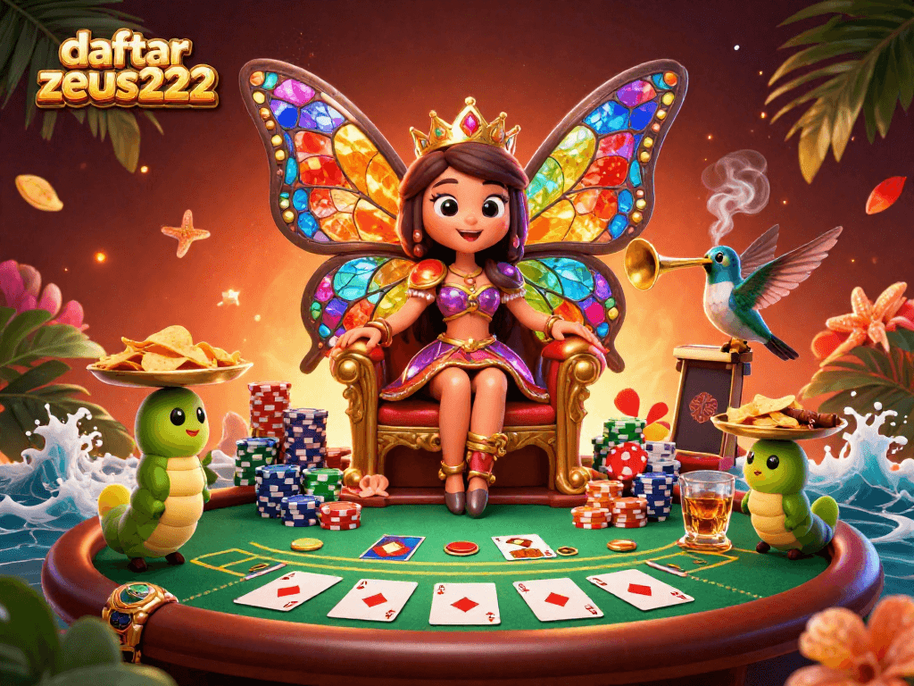 Experience fun at daftar zeus222 with a vibrant 3D casino illustration featuring poker elements and an enchanting butterfly queen.