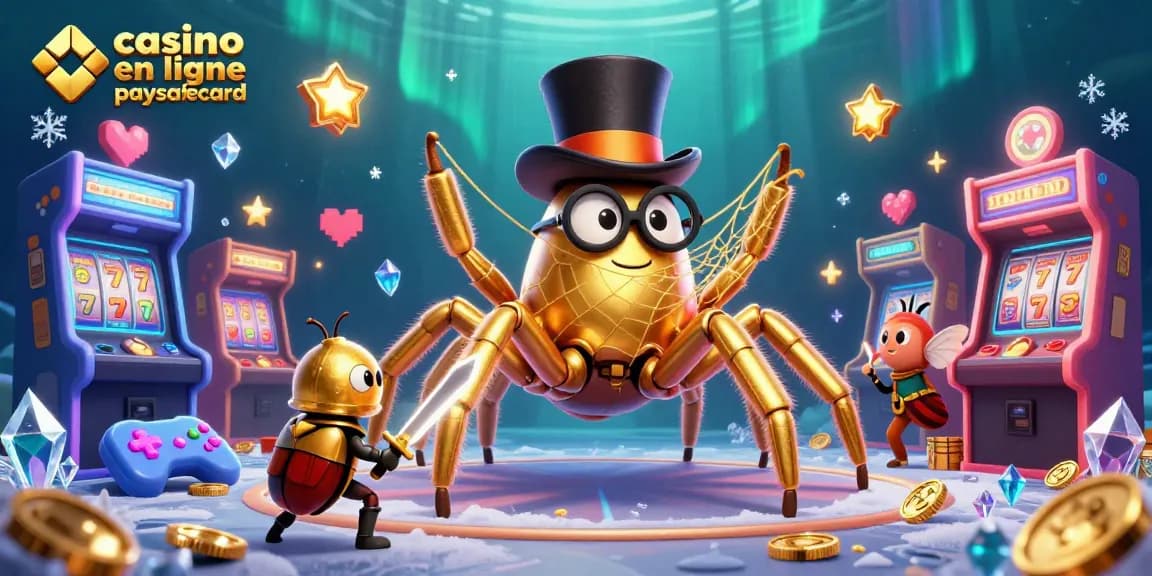 Vivez l'expérience du casino en ligne paysafecard avec une tarentule dorée et un chevalier scarabée dans un décor animé.