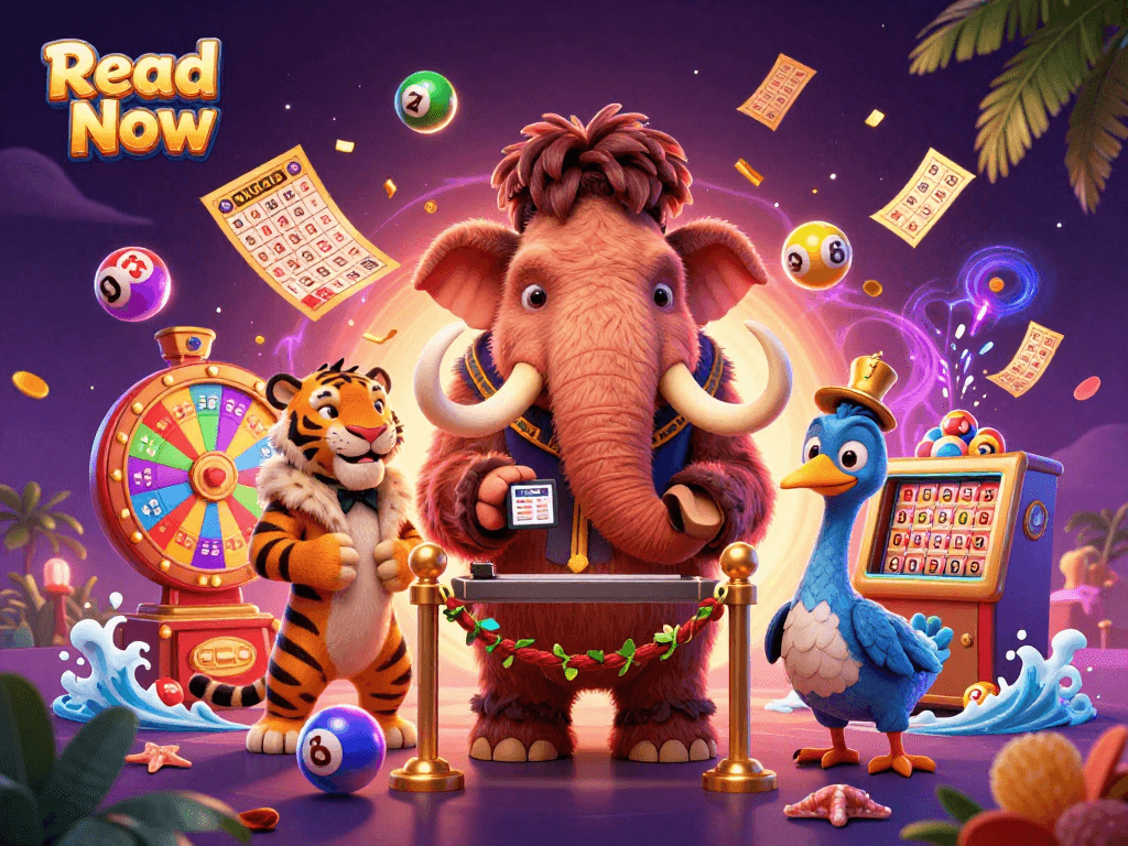 Read Now excitingly check IDs at a vibrant casino entrance with a woolly mammoth, tiger, and dodo.