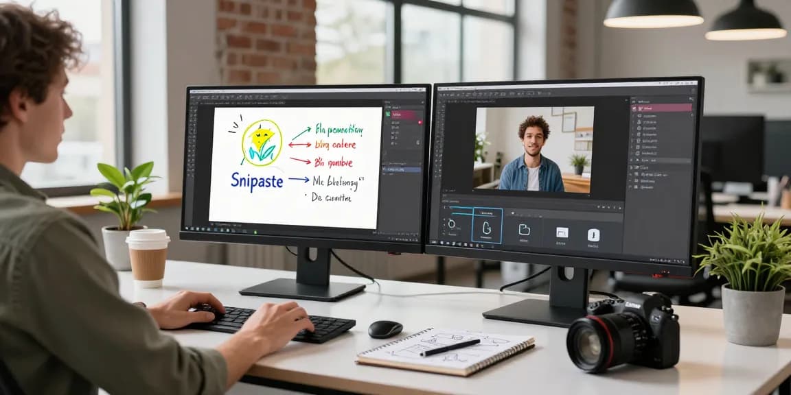 Dynamic tech workspace featuring Snipaste官网 application in use, showing screenshot annotation and OCR processing.