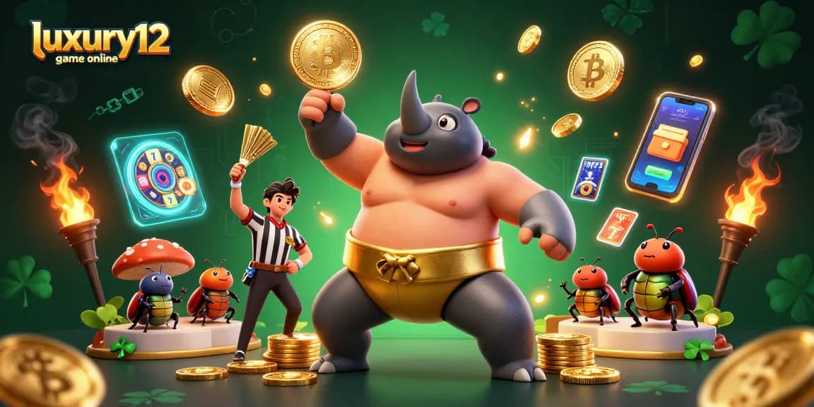 Engage with luxury12 game online in a vibrant casino scene featuring a rhinoceros beetle champion and crypto elements.