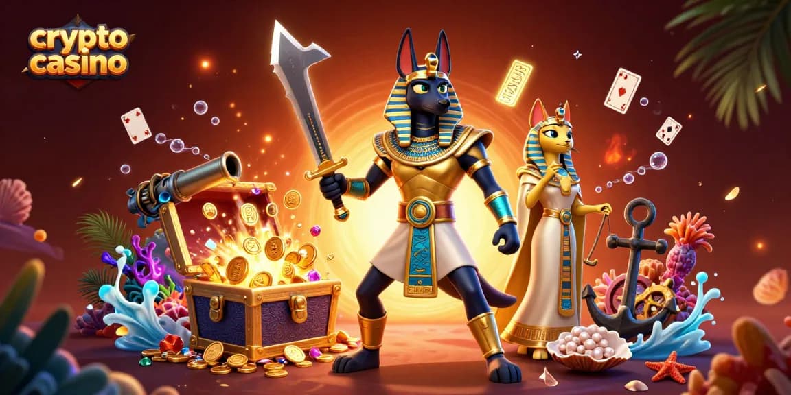 Jouez sur un crypto casino avec Anubis et Bastet entourés de trésors.
