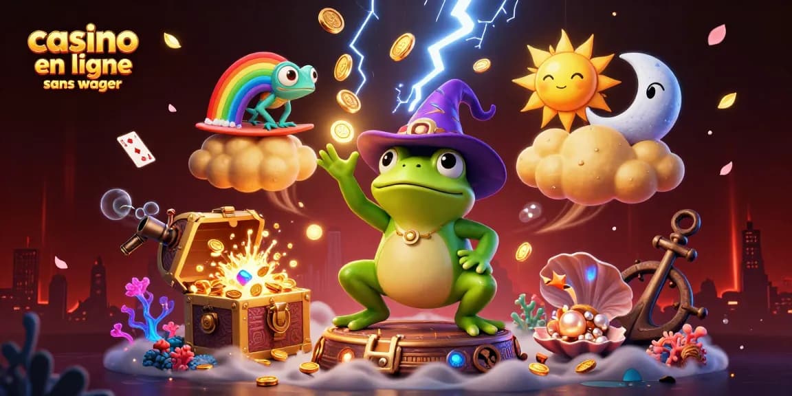 Plongez-vous dans l'univers du casino en ligne sans wager avec une scène colorée imprégnée de pièces d'or et de symboles de jeu.