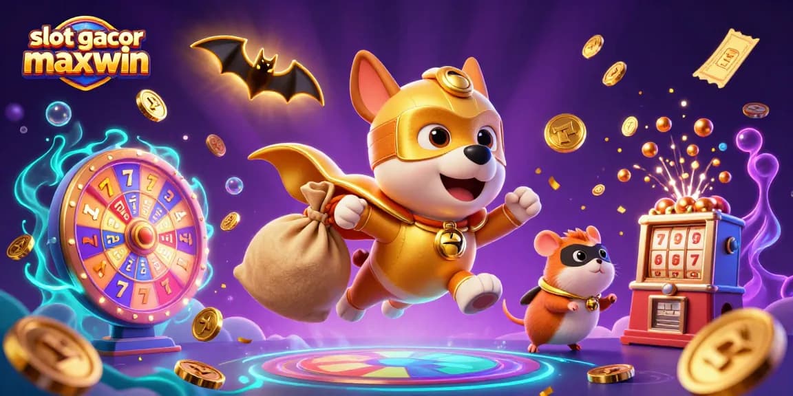 Experience the excitement of slot gacor maxwin with a superhero dog and dynamic casino elements.