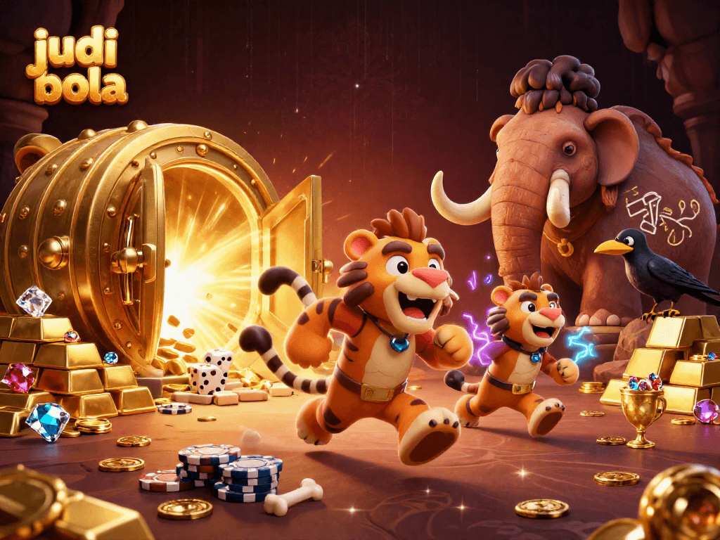 Experience thrilling judi bola action with a dynamic prehistoric casino scene featuring playful characters.
