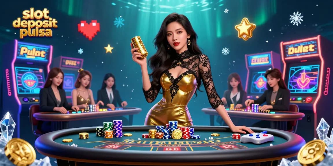 Spin big wins with slot deposit pulsa at a vibrant casino featuring high-value chips and glowing game machines.