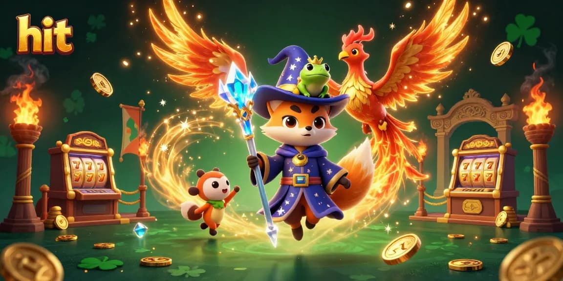 Win big at Hit with this magical casino scene featuring a wizard fox, phoenix, and slot machines.