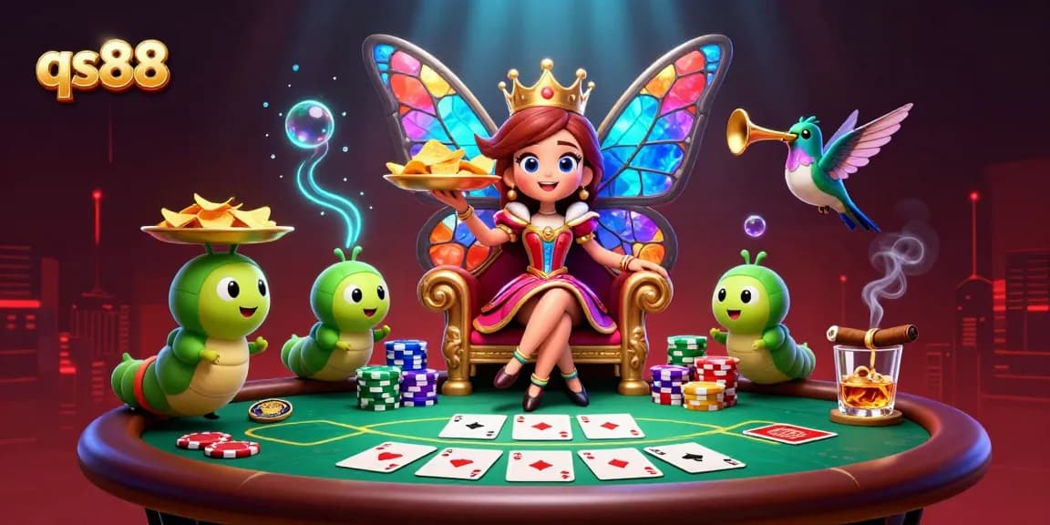 Engage in thrilling qs88 gameplay with a vibrant poker scene featuring a butterfly queen and animated elements.
