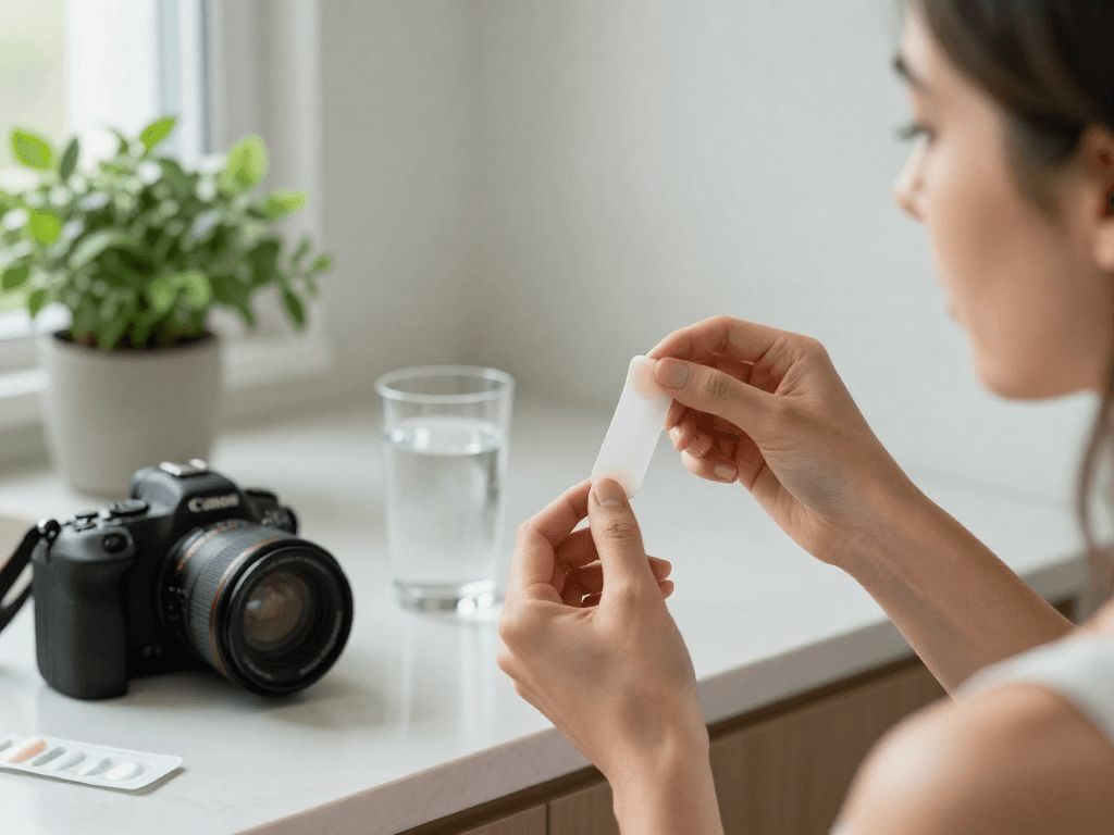 BPC 157 Side Effects illustrated by a person using a buccal strip in a calm, healthy setting, emphasizing self-care.