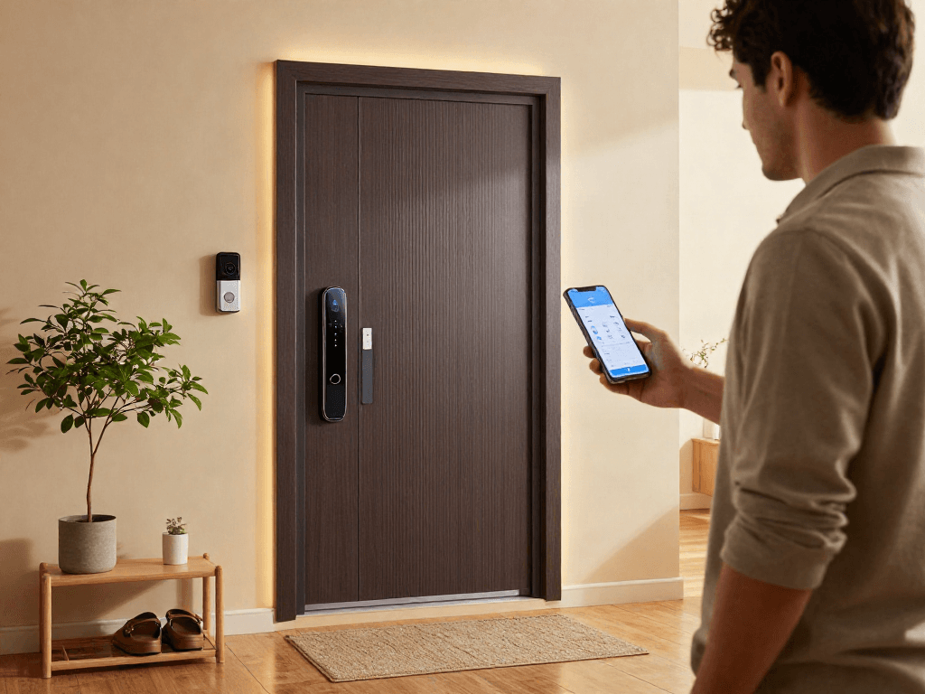 خرید قفل هوشمند in a stylish home entryway featuring a modern smart lock and an engaged homeowner using a smartphone app.